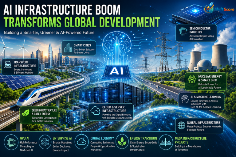 Futuristic AI infrastructure featuring smart cities, cloud infrastructure, AI-powered data centers, GPU servers, smart grid energy, and global digital infrastructure representing the AI infrastructure boom.