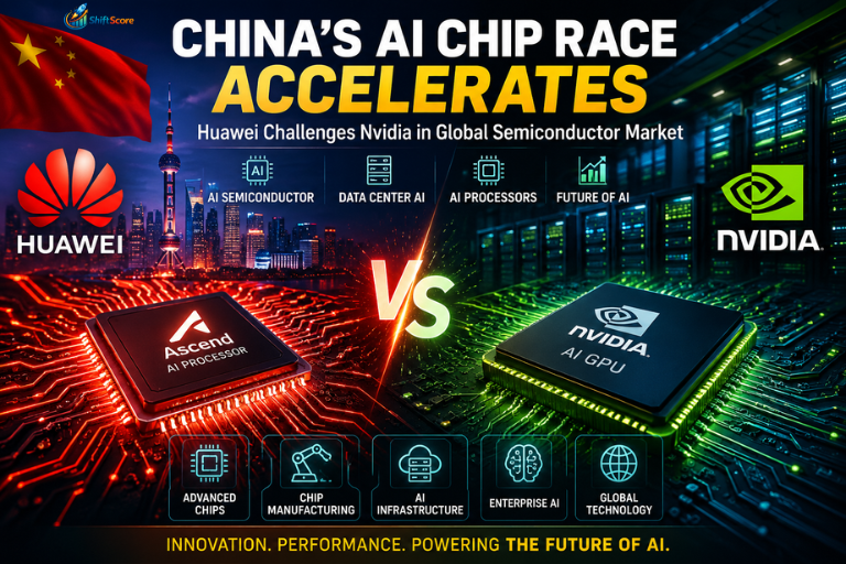 China's AI chip race illustration showing Huawei and Nvidia competing in the global AI semiconductor market with advanced AI processors, GPU AI, and futuristic chip manufacturing technology.