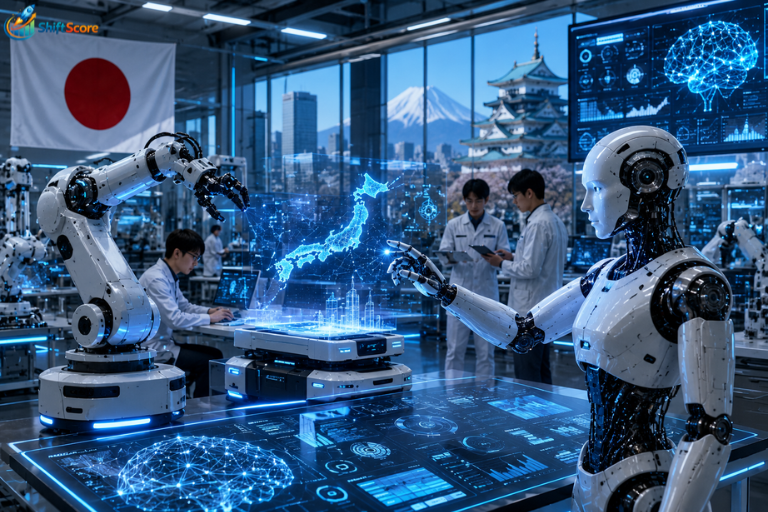 Japan's Physical AI Revolution featuring humanoid robots, AI robotics, industrial automation, robotic arms, and advanced AI technology inside a futuristic Japanese research laboratory.