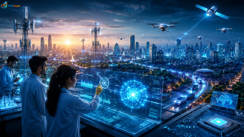Futuristic illustration of India's 6G Revolution featuring the Bharat 6G Alliance, AI-powered telecom towers, smart city infrastructure, satellites, autonomous vehicles, digital networks, and next-generation wireless technology.