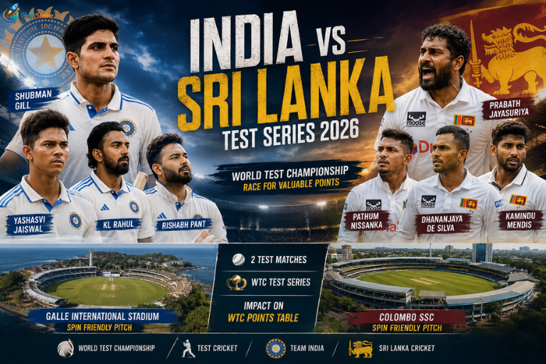 India vs Sri Lanka Test Series 2026 promotional graphic featuring Team India and Sri Lanka players with Galle International Stadium, Colombo SSC, World Test Championship branding, and spin-friendly pitch highlights.