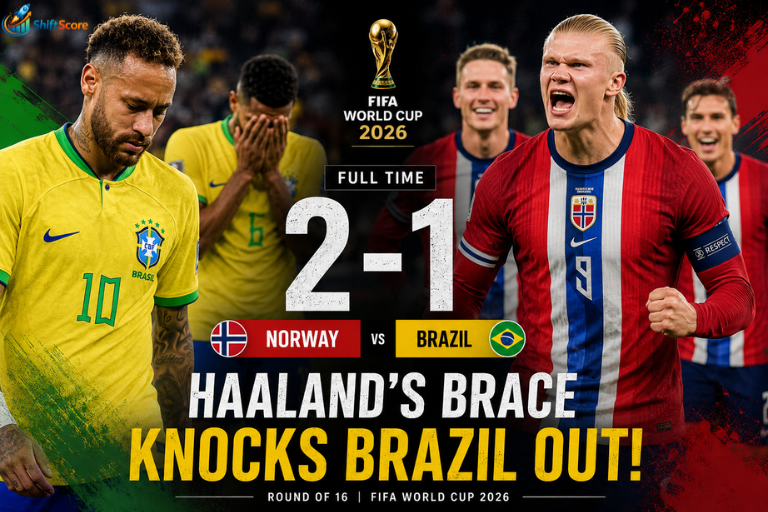 Brazil vs Norway FIFA World Cup 2026 Round of 16 match showing Erling Haaland celebrating after scoring twice as Norway defeats Brazil 2-1 to reach the quarter-finals.