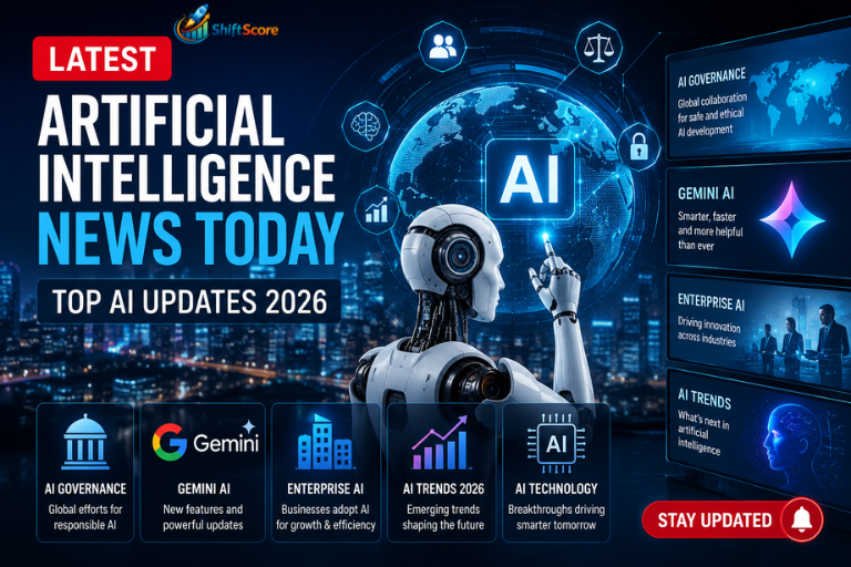 Futuristic AI robot with a digital globe representing artificial intelligence news, AI governance, Gemini AI, enterprise AI, and the latest AI updates in 2026.