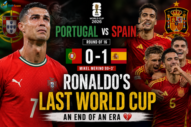 Cristiano Ronaldo reacts after Portugal's 1-0 defeat to Spain in the FIFA World Cup 2026 Round of 16, marking his final World Cup appearance.