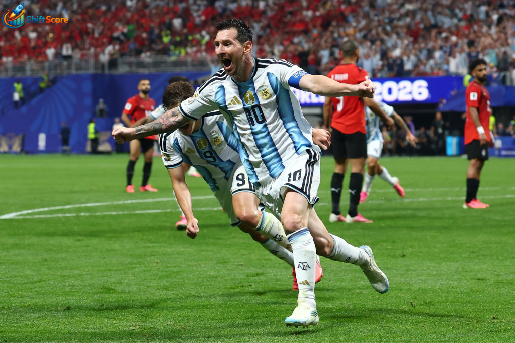 Lionel Messi celebrating after scoring during Argentina's 3-2 comeback victory over Egypt in the FIFA World Cup 2026 Round of 16 in Atlanta.