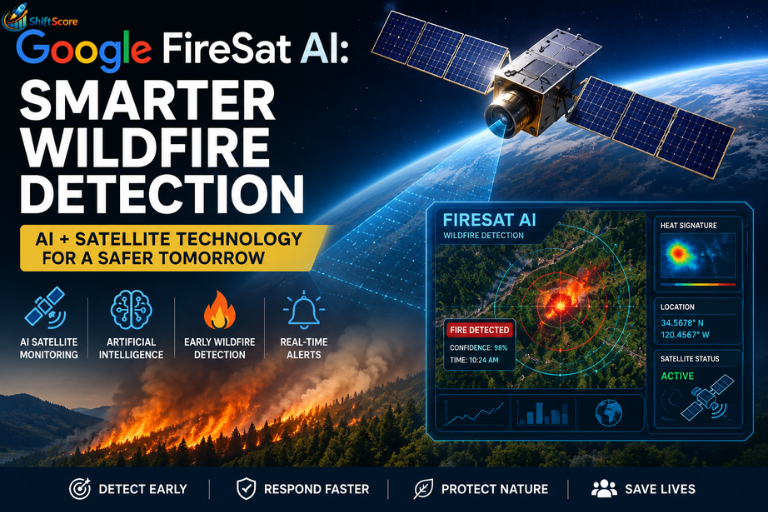 Google FireSat AI satellite detecting a wildfire from space with real-time monitoring dashboard and artificial intelligence technology.