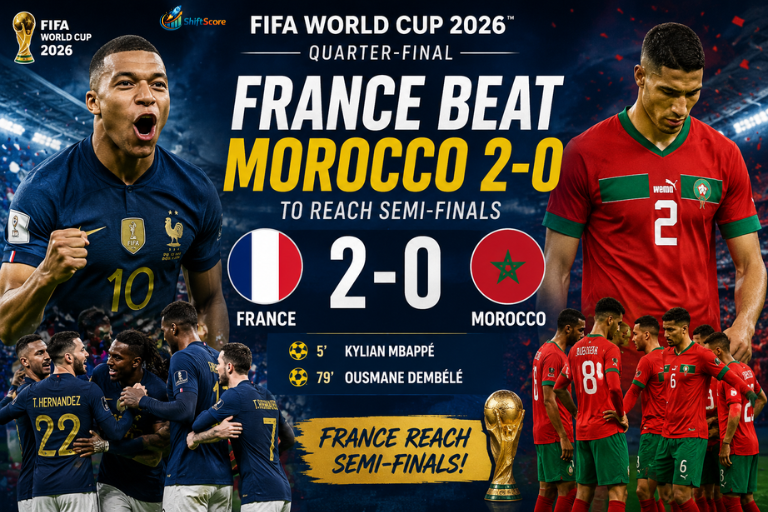 France celebrates a 2-0 victory over Morocco in the FIFA World Cup 2026 quarter-final, featuring Kylian Mbappé and Ousmane Dembélé as France advances to the semi-finals.