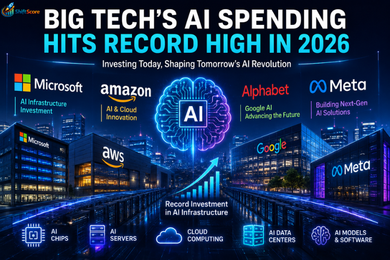 Big Tech AI spending reaches record high in 2026, featuring Microsoft, Amazon, Alphabet, Meta, AI infrastructure, data centers, cloud computing, AI chips, and artificial intelligence innovation.