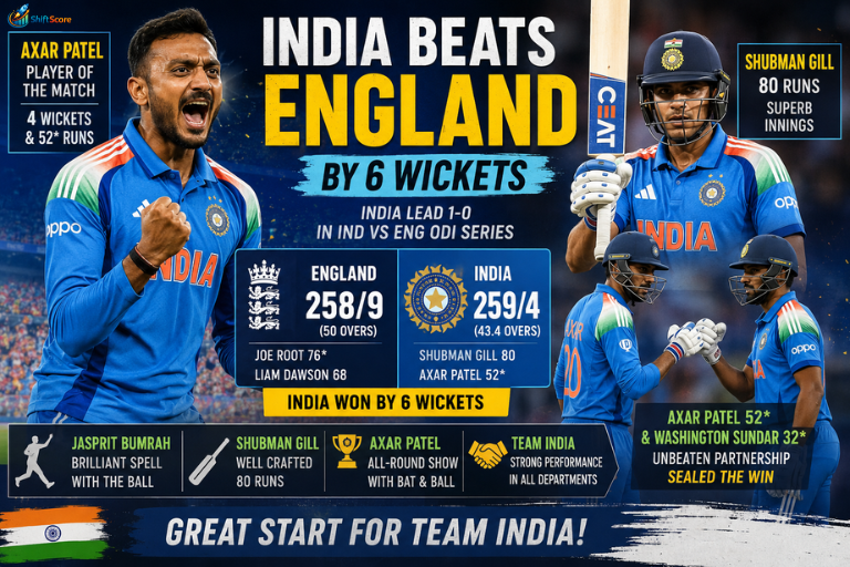 India vs England 1st ODI 2026 poster featuring Axar Patel's Player of the Match performance, Shubman Gill's match-winning innings, and Team India's victory over England in the ODI series opener.