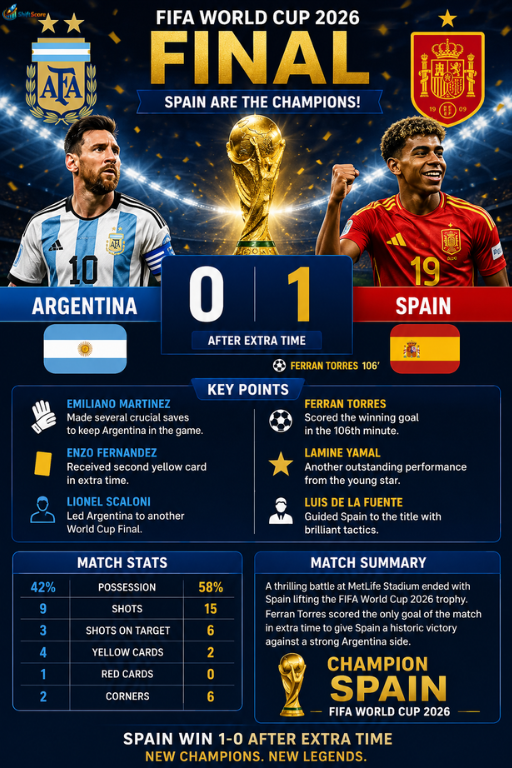 Spain celebrate a 1-0 extra-time victory over Argentina in the FIFA World Cup 2026 Final, featuring the final scorecard, Ferran Torres' winning goal, match statistics, and key highlights.