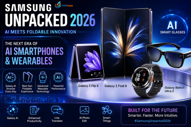 Samsung Galaxy Unpacked 2026 featuring Galaxy Z Fold 8, Galaxy Z Flip 8, Galaxy AI, AI Smart Glasses, and Galaxy Watch Ultra 2 showcasing the future of AI smartphones and mobile technology.