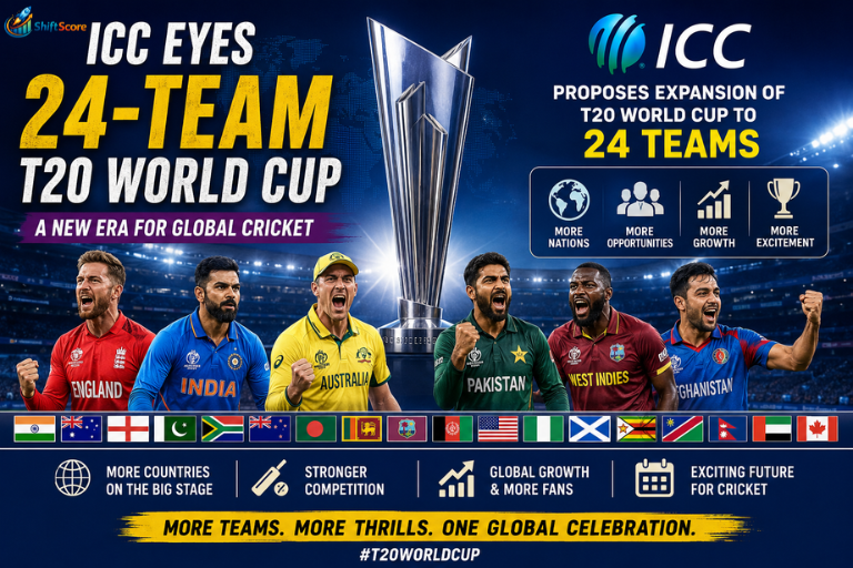 ICC T20 World Cup expansion to 24 teams featuring the tournament trophy, international cricketers, national flags, and a futuristic stadium representing the future of global cricket.