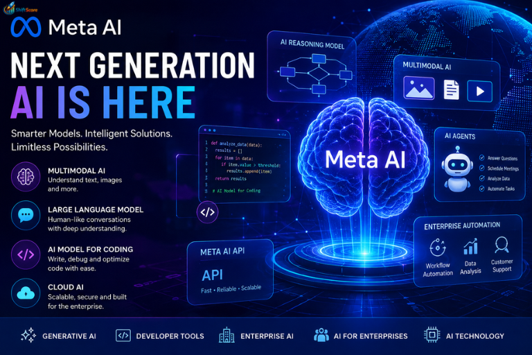 Meta AI next generation AI model showcasing multimodal AI, enterprise AI, AI agents, cloud AI, AI reasoning model, developer tools, and generative AI platform in a futuristic digital interface.
