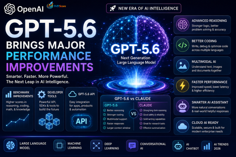 OpenAI GPT-5.6 infographic highlighting major performance improvements, multimodal AI, advanced reasoning, GPT-5.6 API, AI assistant, cloud AI, and developer tools.