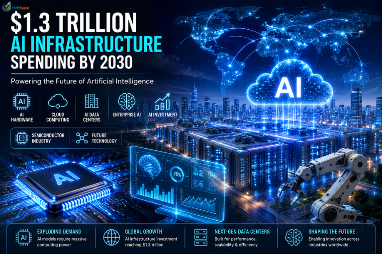 Global AI infrastructure spending projected to reach $1.3 trillion, featuring AI data centers, cloud computing, AI hardware, semiconductor technology, and enterprise AI.