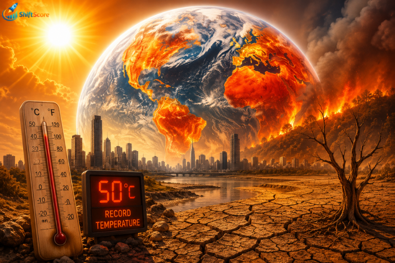 Global Heatwave 2026 illustration showing record temperatures, blazing sun, cracked earth, wildfires, and climate change impacts across the world.