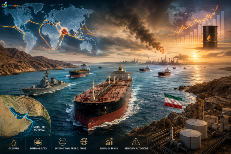 Strait of Hormuz with oil tankers, naval vessels, shipping routes, and oil refineries highlighting Middle East tensions, global oil prices, and the energy crisis.