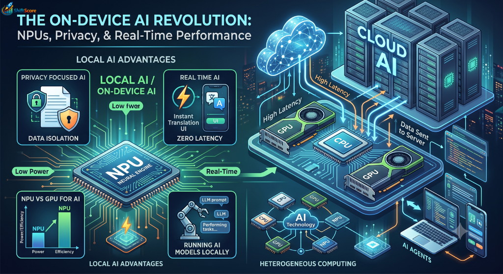 A side-by-side technical infographic comparing a glowing blue on-device NPU chip handling local private AI processing against cloud server data centers processing GPU workloads.